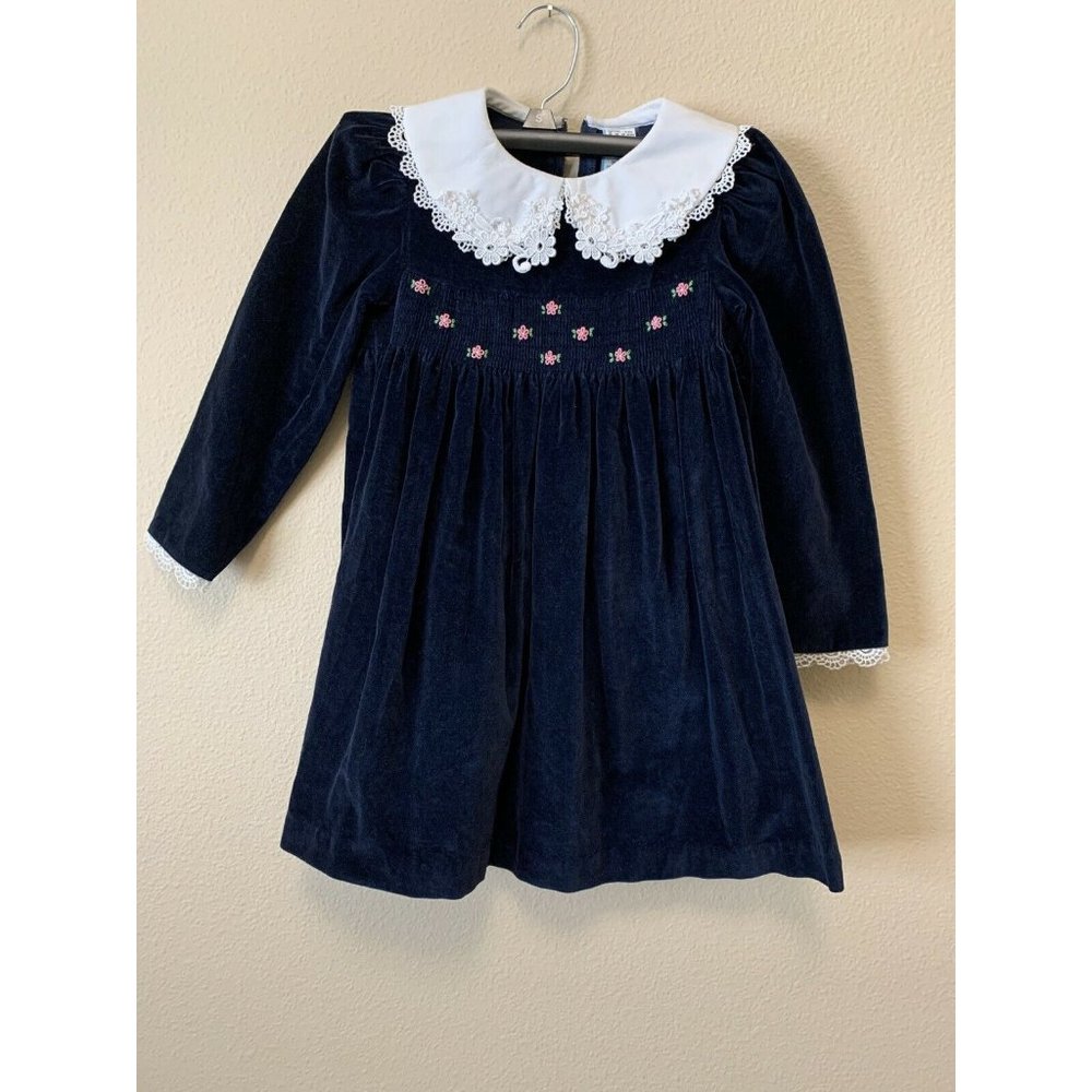 Vintage Navy Blue Velvet Dress with White Peter Pan Collar and Pink Embroidery